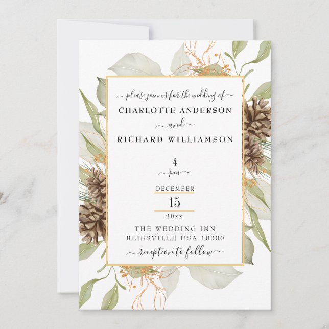 Rustikale Eleganz, Pinecone Rahmen auf Weiß Einladung (Vorderseite)