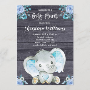 Rustikale Elephant Blue Floral Boy Baby Dusche Einladung