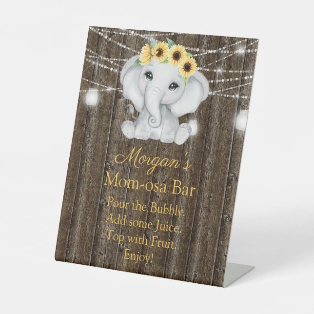 Rustikale Elephant Sunflowers Babydusche Momosa Sockelschild (Vorderseite)