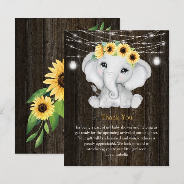 Rustikale Elephant Sunflowers Lights Girl Baby Dus Einladung (Vorne/Hinten)