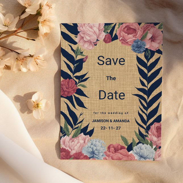 Rustikale Elfenbeinflotte, blau pinkfarben, blühen Einladung (Rustic ivory navy blue pink floral Save The Date)