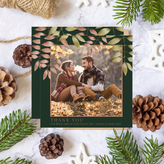 Rustikale Emerald Green Herbstlaubs Foto Wedding Dankeskarte (Von Creator hochgeladen)