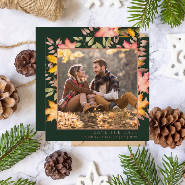 Rustikale Emerald Green Herbstlaubs Foto Wedding Save The Date (Von Creator hochgeladen)