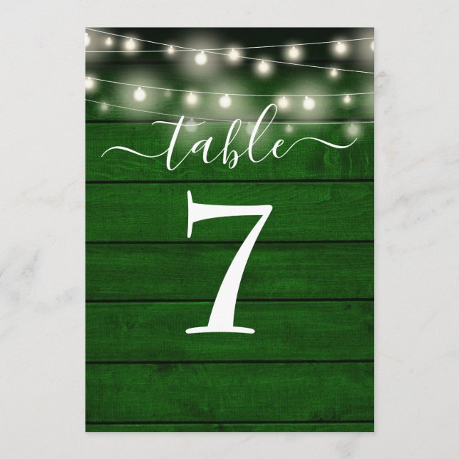 Rustikale Emerald Green String Lights-Tischnummer Einladung (Vorderseite)