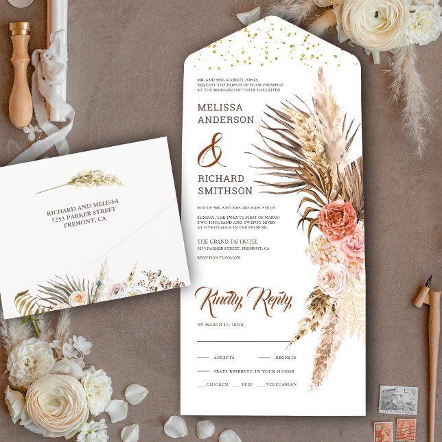 Rustikale Erdbläserne Boho Pampas Grass Wedding All In One Einladung (Von Creator hochgeladen)
