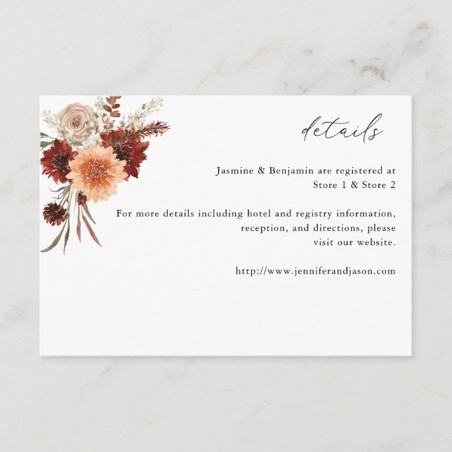 Rustikale Erde und Champagne Florals Details Begleitkarte (Vorderseite)