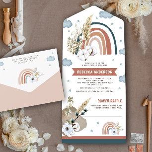Rustikale Erdig Pampas Boho Regenbogen-Baby-Party All In One Einladung
