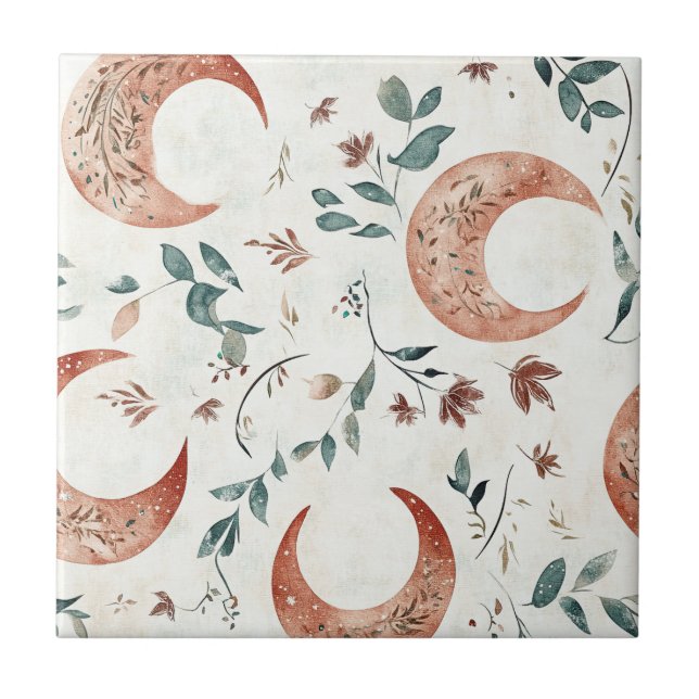 Rustikale, erdige Boho-Mond-Blumenmuster Fliese (Vorderseite)