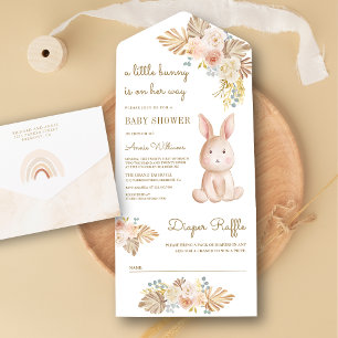Rustikale Erdige Florale Boho-Häschen-Baby-Party All In One Einladung