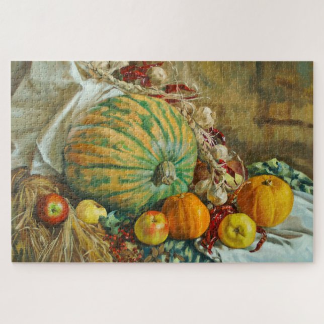 Rustikale Ernte-Stillleben mit Kürbissen und Äpfel (Horizontal)