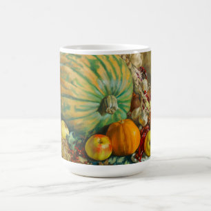 Rustikale Ernte-Stillleben mit Kürbissen und Äpfel Kaffeetasse