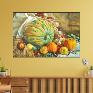 Rustikale Ernte Stillleben mit Pumpkins und Äpfeln Leinwanddruck