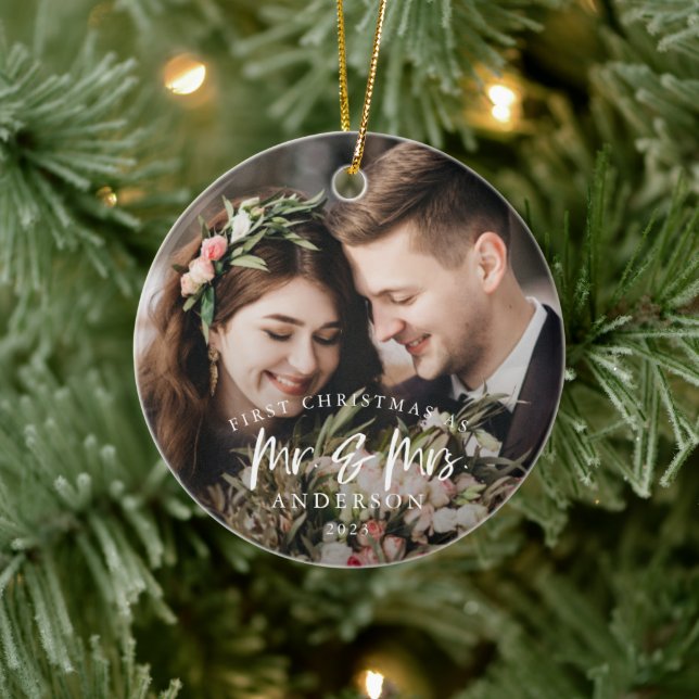 Rustikale erste Weihnachten als Mr. und Mrs. Foto Keramik Ornament (Baum)