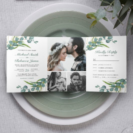 Rustikale Eukalyptus-Blätter Foto Collage Wedding Dreifach Gefaltete Einladung