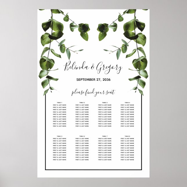 Rustikale Eukalyptus-Blätter Hochzeitstabelle Poster (Vorne)