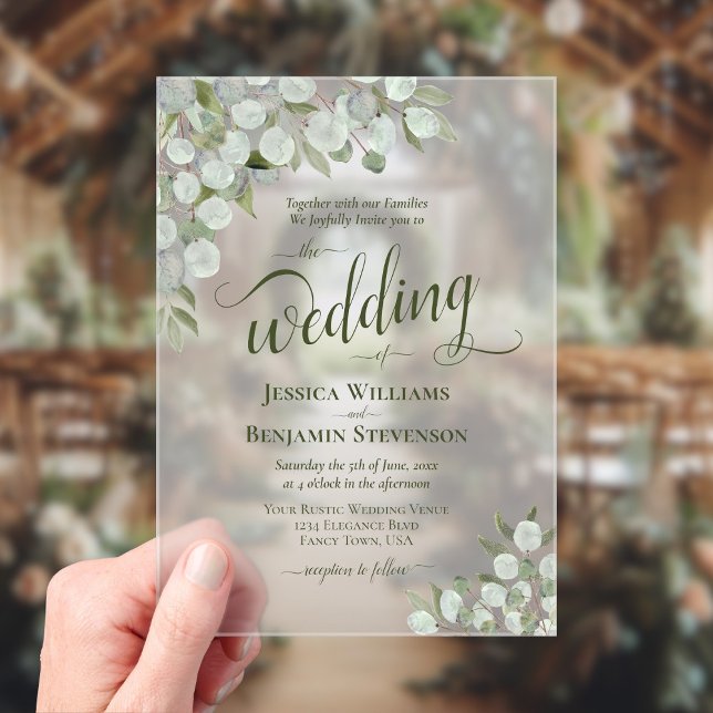 Rustikale Eukalyptus & Greenery Boho Chic Wedding Acryleinladungen (Frosted Acrylic with Rectangle Cut)