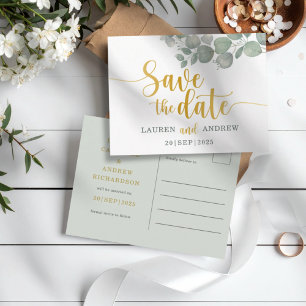 Rustikale Eukalyptus-Grün/Gold-Hochzeit – Heiratet Postkarte