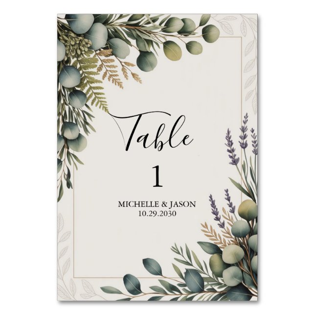 Rustikale Eukalyptus-Grün-Hochzeitstisch-Nummer Tischnummer (Vorderseite)