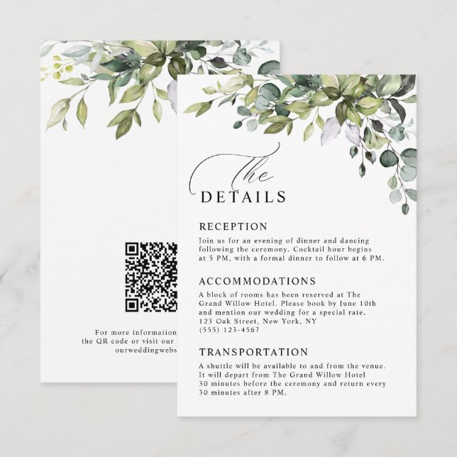 Rustikale Eukalyptus-Grün-QR-Code-Hochzeitsdetails Begleitkarte (Vorne/Hinten)