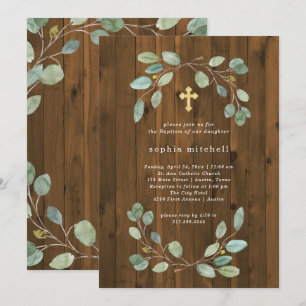 Rustikale Eukalyptus-Grün-und Goldquertaufe Einladung