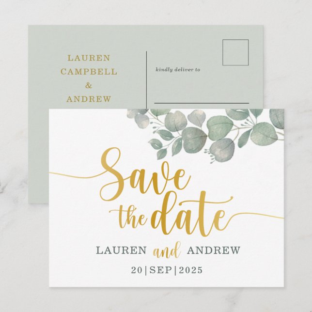Rustikale Eukalyptus-Grüne/Goldene Hochzeit Sicher Postkarte (Vorne/Hinten)