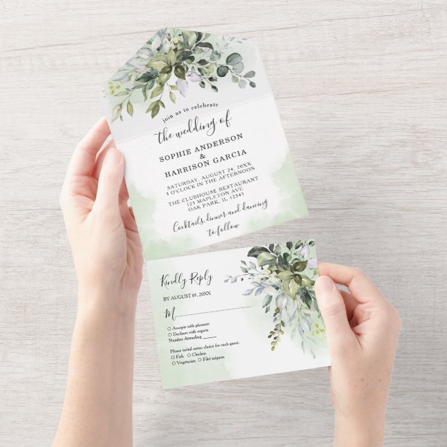 Rustikale Eukalyptus Grüne Sukkulente Hochzeit All In One Einladung (Abreißen)