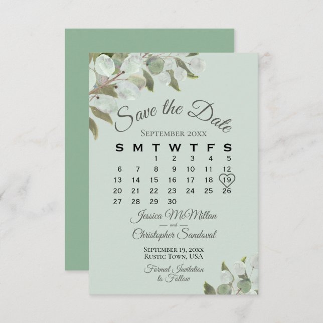 Rustikale Eukalyptus Grünkalender Minze Hochzeit Save The Date (Vorne/Hinten)