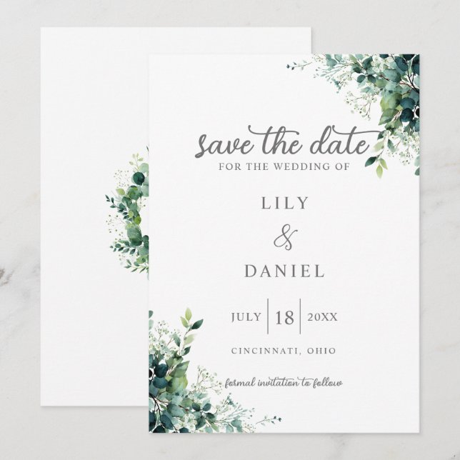 Rustikale Eukalyptus-Grünmonogramm-Hochzeit Save The Date (Vorne/Hinten)