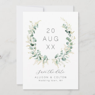 Rustikale Eukalyptus-Grüntöne in Salbeigrün Boho Save The Date