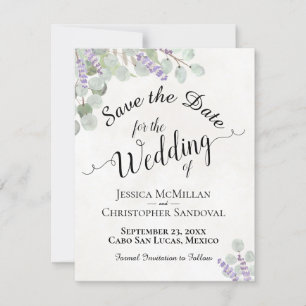 Rustikale Eukalyptus & Lavender Elegante Weiße Hoc Save The Date