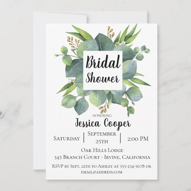 Rustikale Eukalyptus Leaf Bridal Dusche Einladung (Vorderseite)