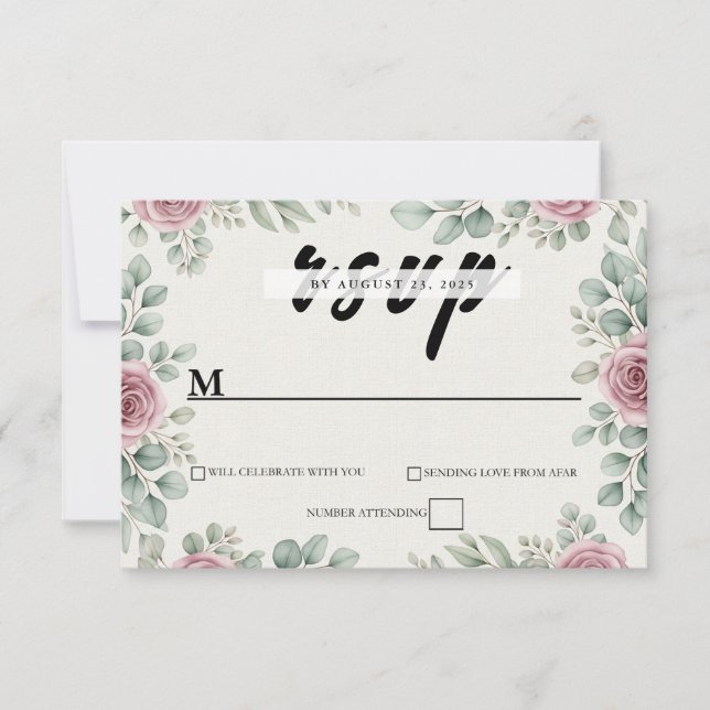 Rustikale Eukalyptus- und Rosenhochzeitkarte RSVP Karte (Vorderseite)