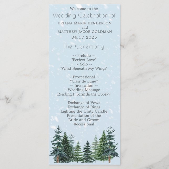 Rustikale Evergreen Winter Pine Trees Wedding Programm (Vorderseite)