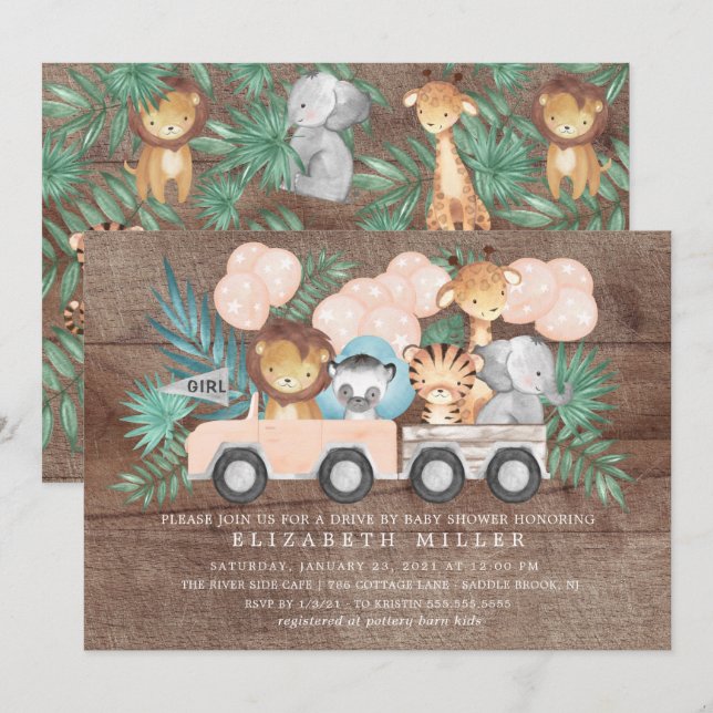 Rustikale Fahrt von Jungle Animals Girls Babydusch Einladung (Vorne/Hinten)
