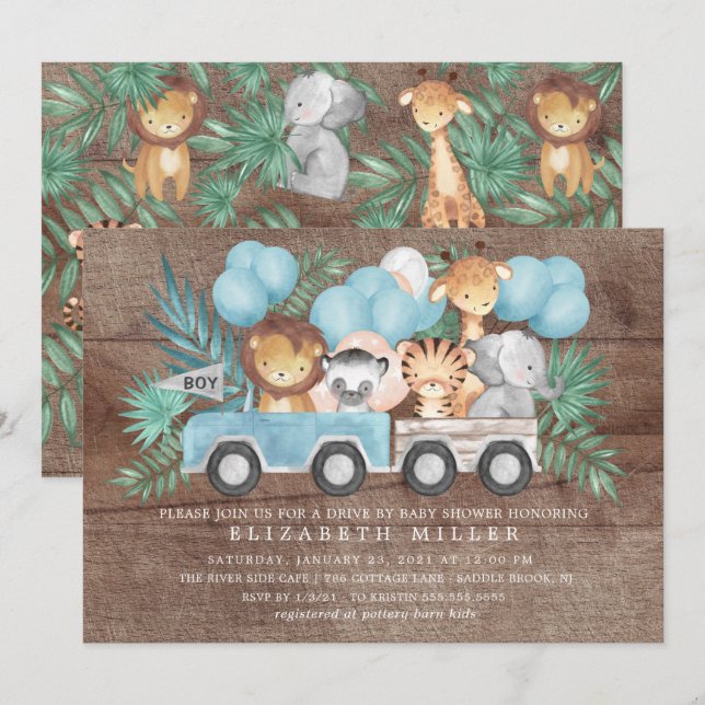 Rustikale Fahrt von Junglebewesen Boys Babydusche Einladung (Vorne/Hinten)