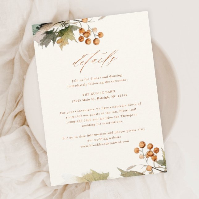 Rustikale Fall-Grüne Blätter Hochzeitsszenierung D Begleitkarte (A Rustic Wedding Details Enclosure Card with Elegant Watercolor Autumn Greenery Leaves and Foliage.)