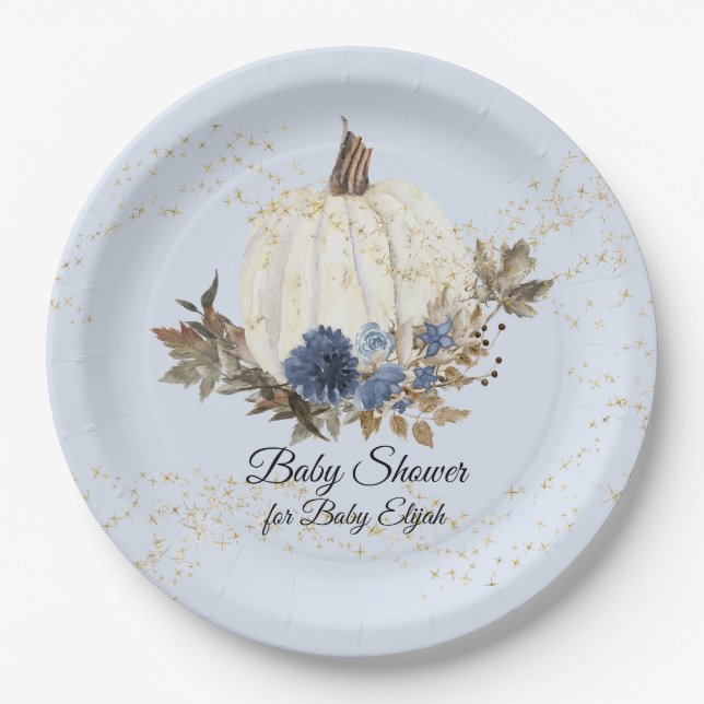 Rustikale Fall Navy Blue Floral Pumpkin Baby Dusch Pappteller (Vorderseite)