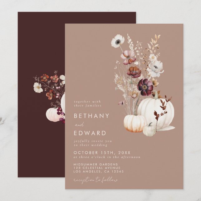 Rustikale Fall Taupe Blumenkürbis Hochzeit Einladung (Vorne/Hinten)