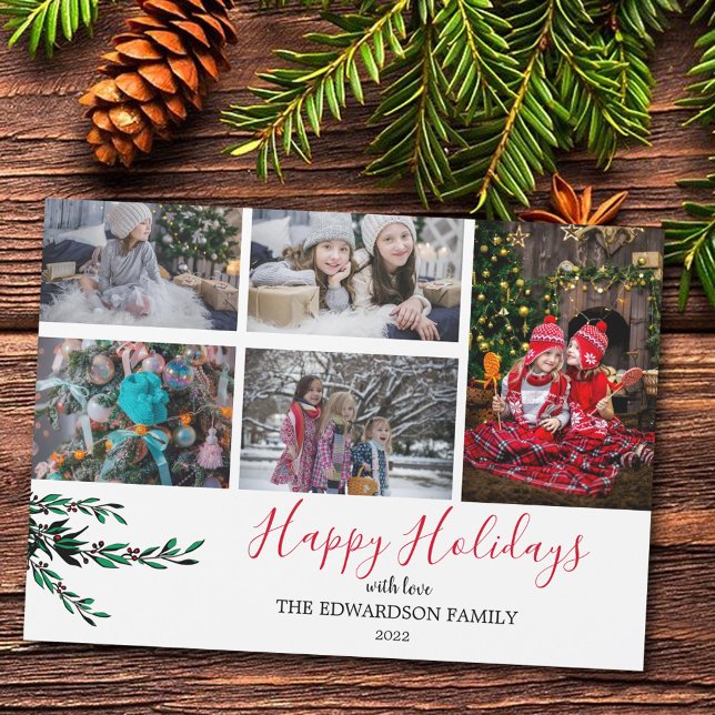 Rustikale Familienkollage Glückliche Ferien Magnet (Happy holidays, personalized family photo collage magnetic Christmas card.)