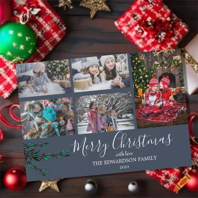 Rustikale Familienkollektion Weihnachtsblaue Magne Magnetkarte (Create your own unique magnetic Merry Christmas, family photo collage, Christmas card.)