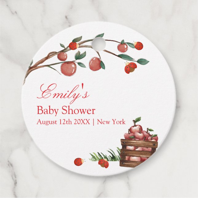 Rustikale Farm Ladybug Apple Girl Babydusche Geschenkanhänger (Vorderseite)