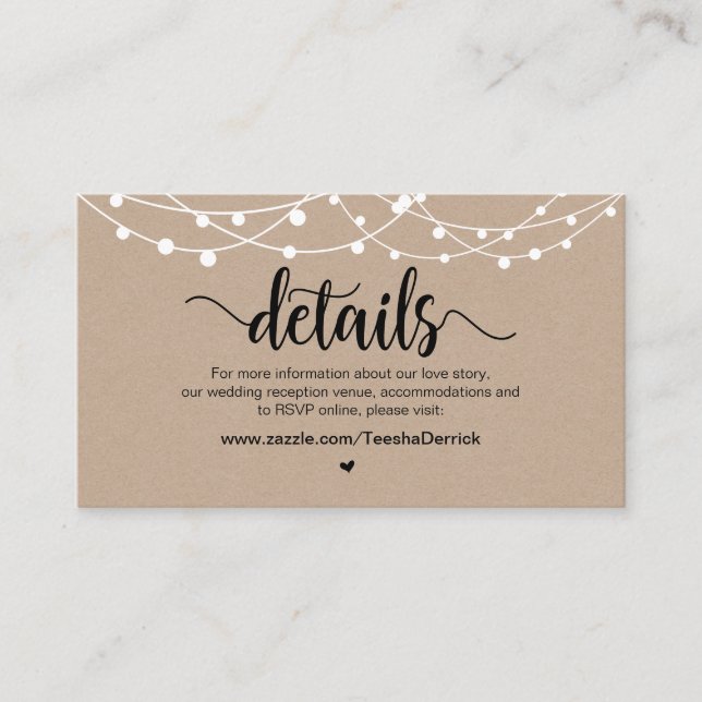 Rustikale Farm String Lights, Hochzeitdetails Begleitkarte (Vorderseite)