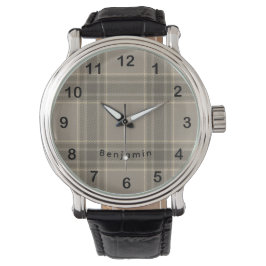 Rustikale Farmhaus-Beige-Graue-Plaid-Tartan Armbanduhr