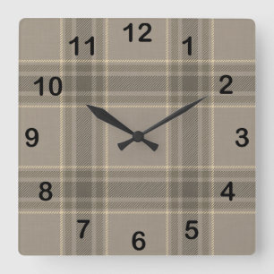 Rustikale Farmhouse-Beige-Grau-Karo-Tartan Quadratische Wanduhr