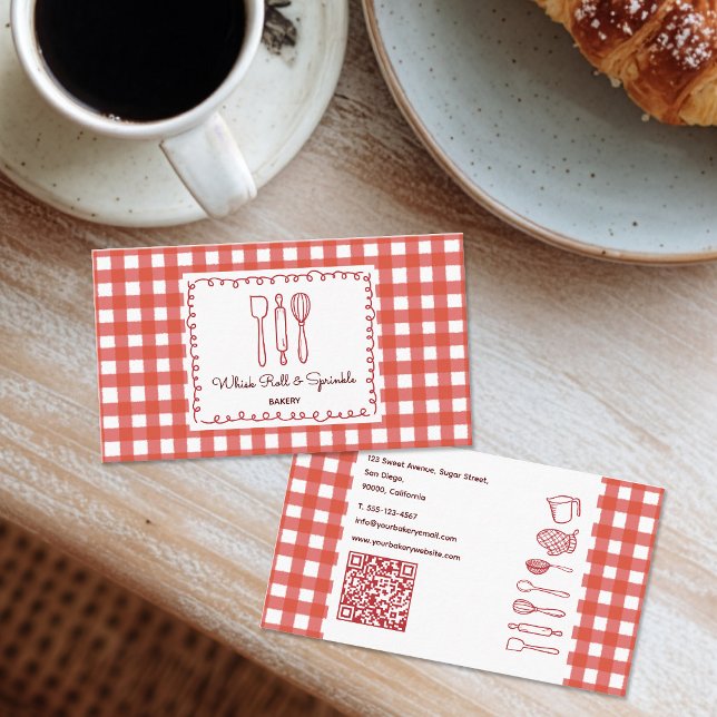 Rustikale Farmhouse-Gingham-QR-Code-Bäckerei Visitenkarte (Von Creator hochgeladen)
