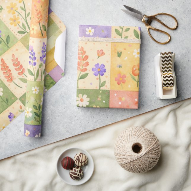 Rustikale Farmhouse-Grün- und Lila-Quilt-Patchwork Geschenkpapier (Kunsthandwerk)