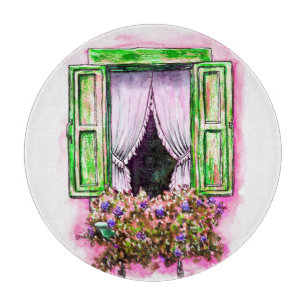 Rustikale Fenster: Aquarell-Skizze Provence. Schneidebrett