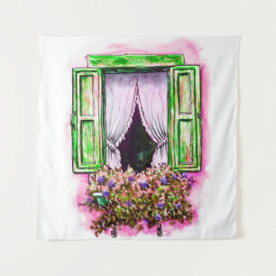 Rustikale Fenster: Aquarell-Skizze Provence. Wandteppich