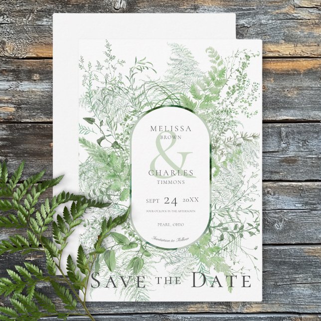 Rustikale Fern Green Foliage White Wedding Save The Date (Rustic Fern Green Foliage White Wedding Save The Date)