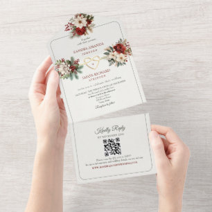 Rustikale Fichten-Grün-Rote Hochzeitseinladungen All In One Einladung
